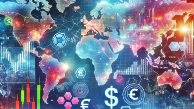 DALL·E 2024 12 02 14.44.12 A vibrant and dynamic illustration representing global stock markets. The image features a world map with major financial hubs highlighted like New Y